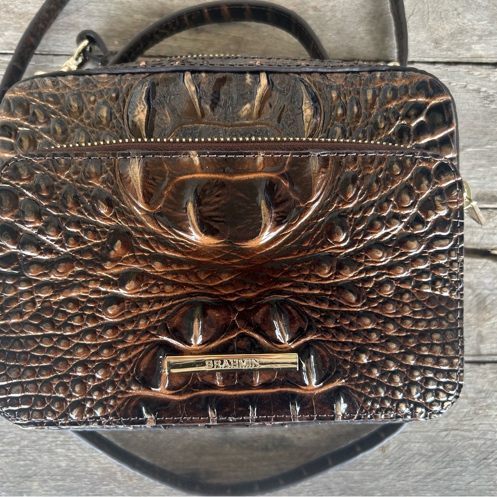 Brahmin Metallic Brown Croc-Embossed Crossbody Bag